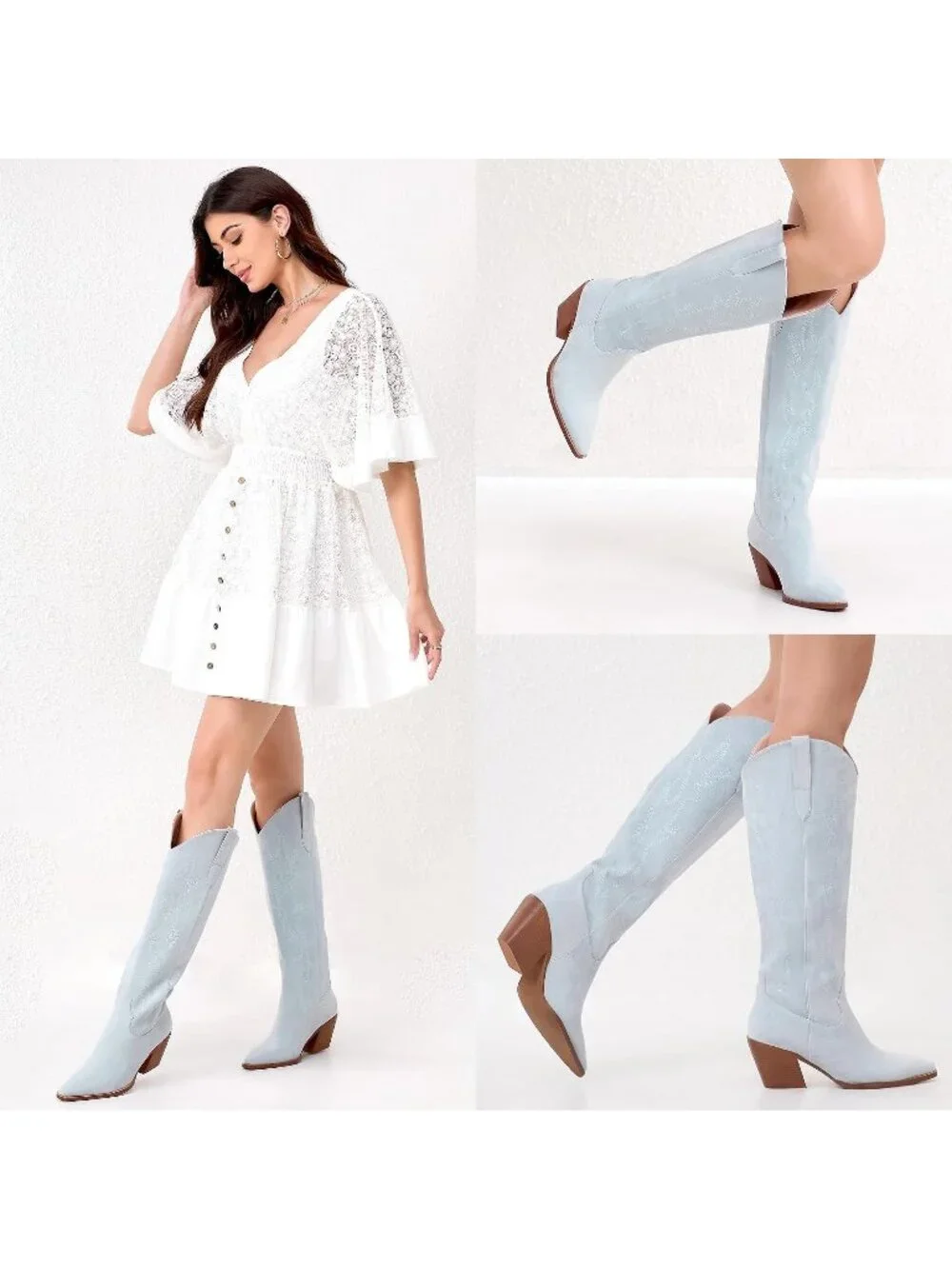 Women's Light Blue Pointed Toe Faux Leather Block Heel Heel Over The Knee Boots